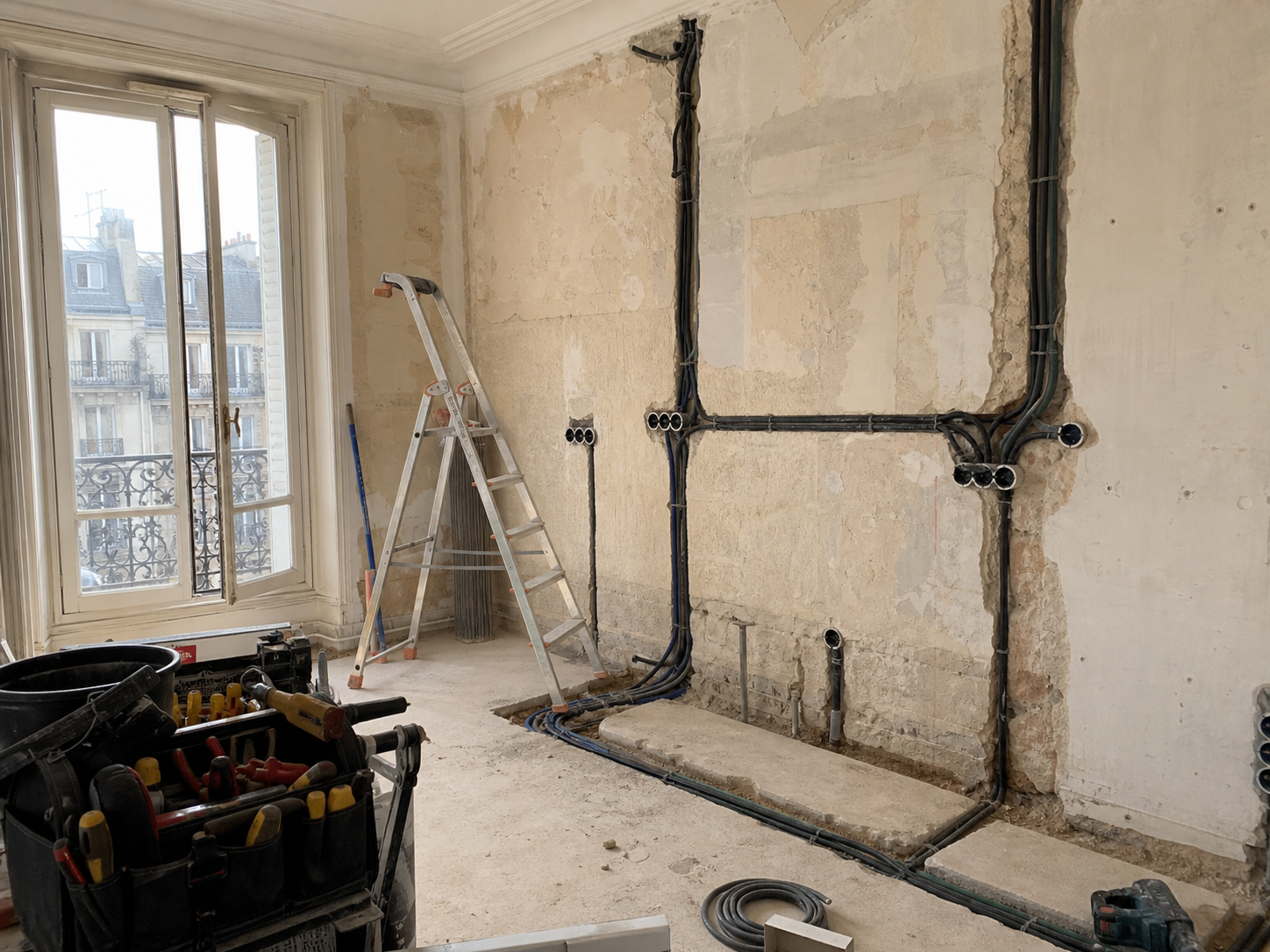 Chantier de rénovation électrique dans un appartement ancien à Paris